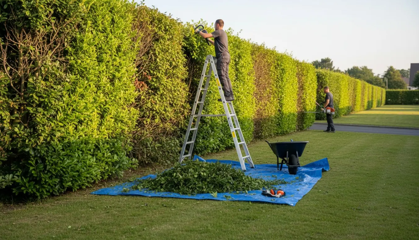 Lang liguster- og blandet buskehæk klippes med hækkeklippere, og afklip samles på presenning og i en trillebør.
