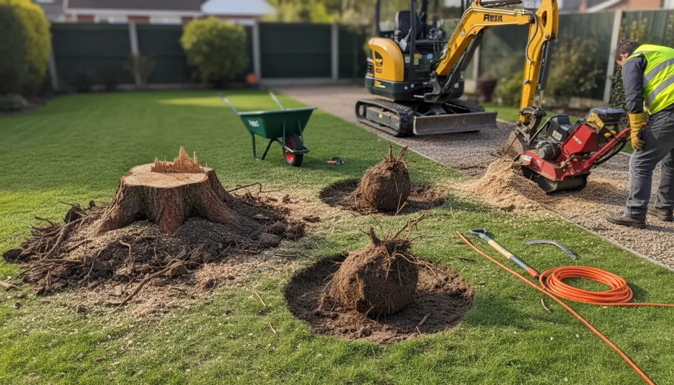Mini-gravemaskine og stubfræser fjerner tre buske i en villahave med friske jordhuller og træflis.