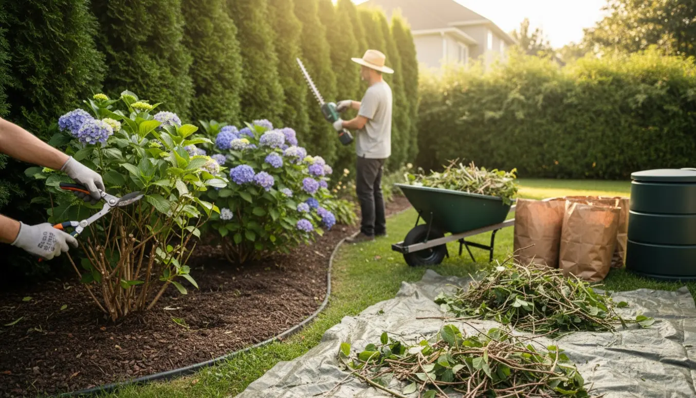 En have under oprydning med beskårne buske, en trillebør fyldt med grene og haveredskaber i blødt morgenlys.
