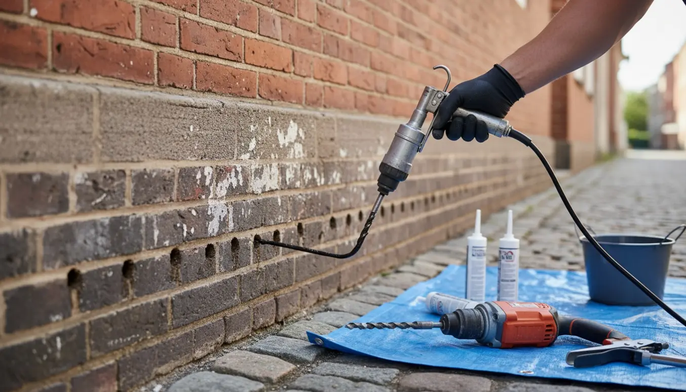 En håndværker sprøjter fugtspærre ind i borede huller langs soklen på en ældre murstensbygning.