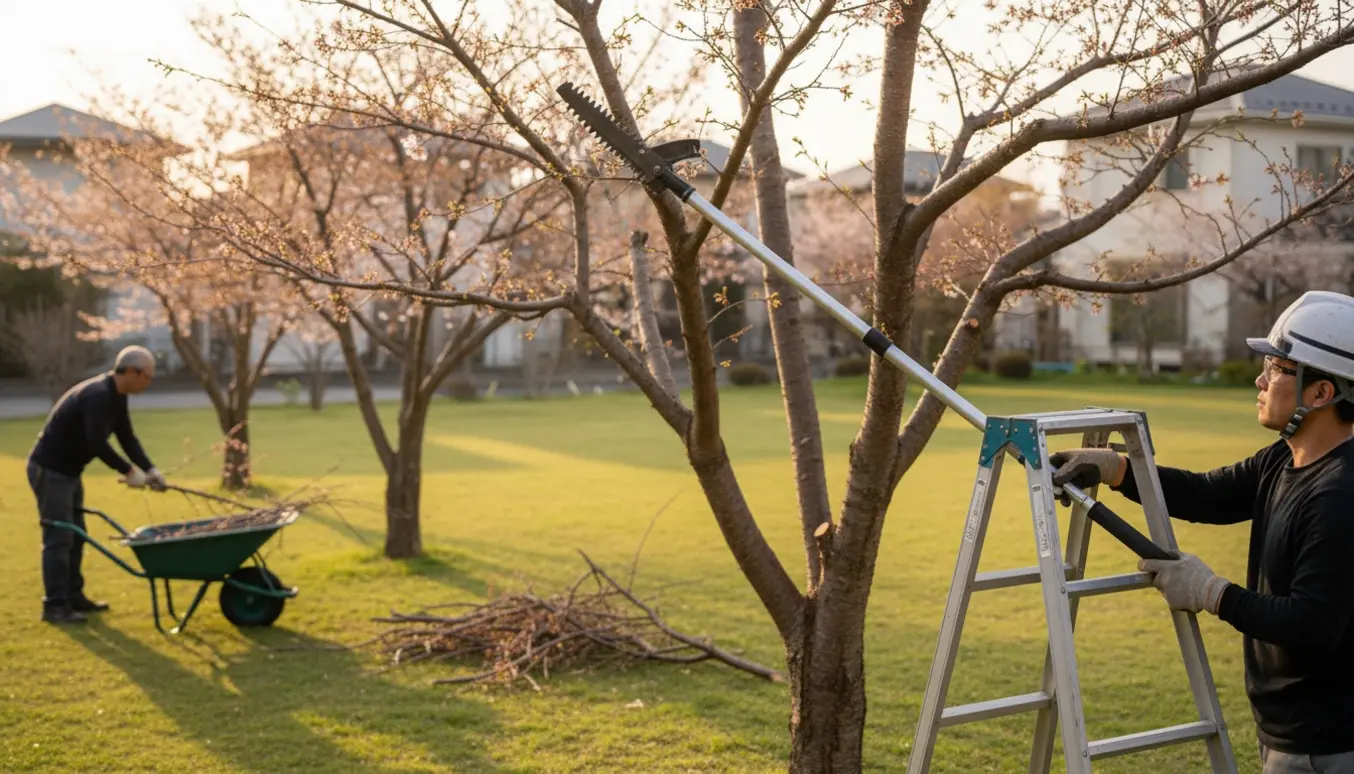 Fire japanske kirsebærtræer topbeskåret med stangbeskærer, og afklippede grene samlet i pæne bunker.
