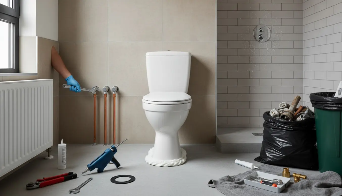 Håndværker udskifter radiator, gulvtoilet og brusearmatur i moderne badeværelser.