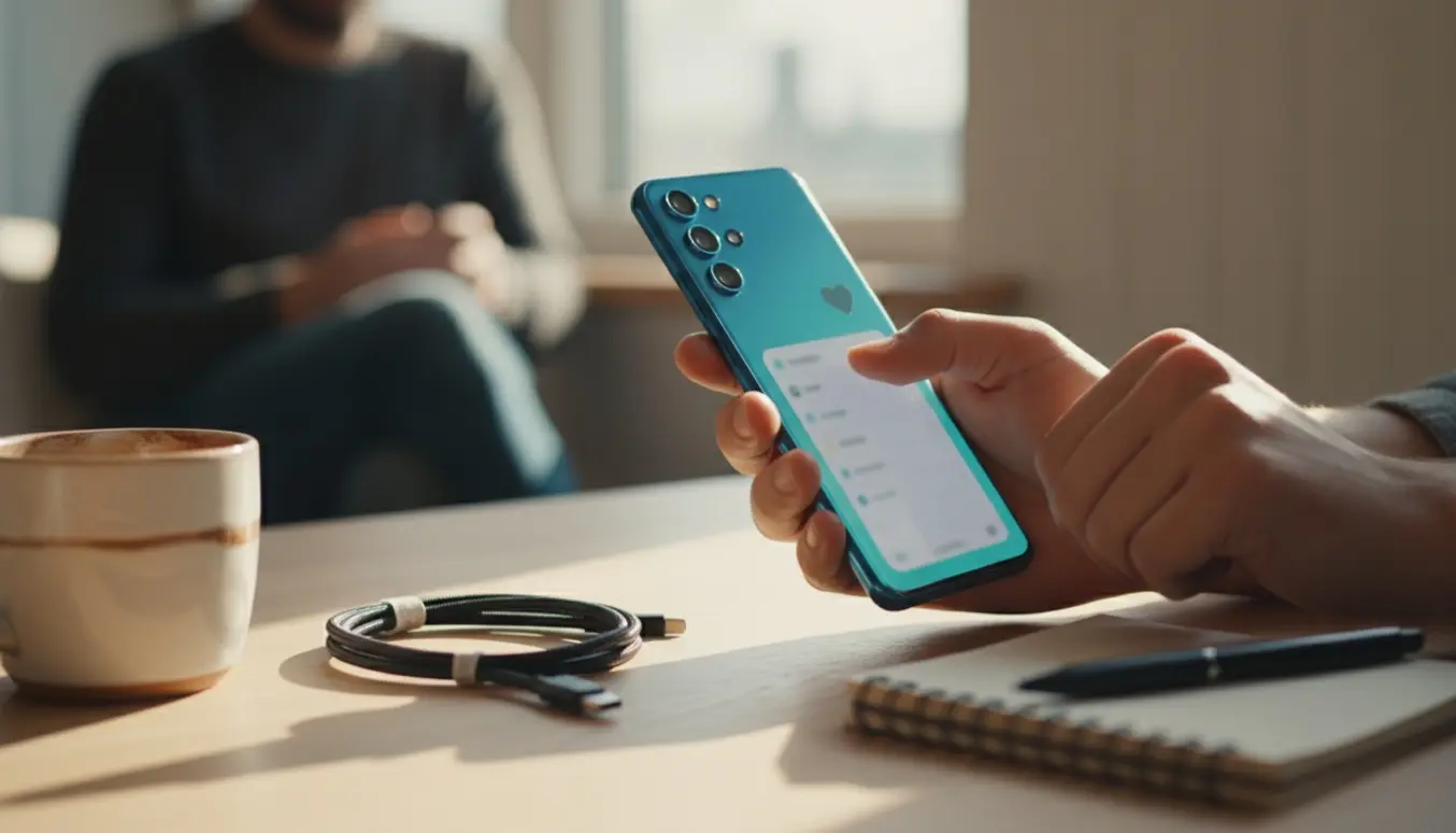 Hænder holder en Samsung-telefon og aktiverer en datingindstilling i telefonens indstillinger.