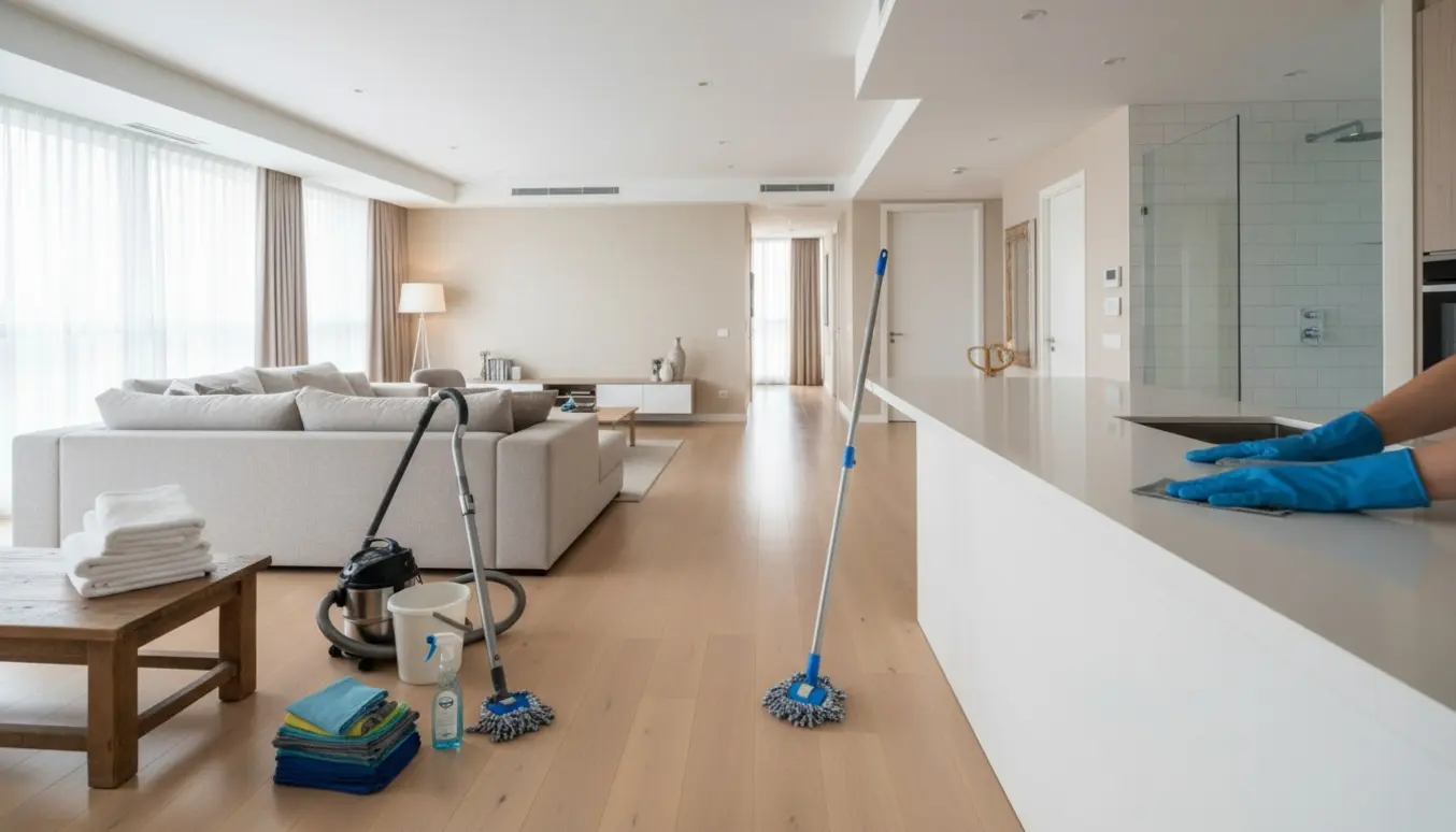 Lyse, ryddelige lejlighedsstue med rengøringsudstyr i forgrunden og et skinnende badeværelse i baggrunden.