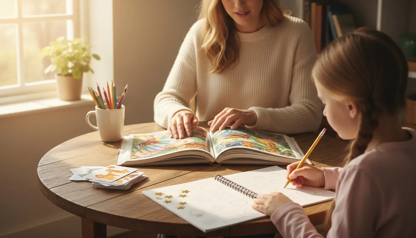 Hyggeligt læringsøjeblik ved et solbeskinnet køkkenbord, hvor en voksen og en pige arbejder med billedbog og øvelsespapirer.