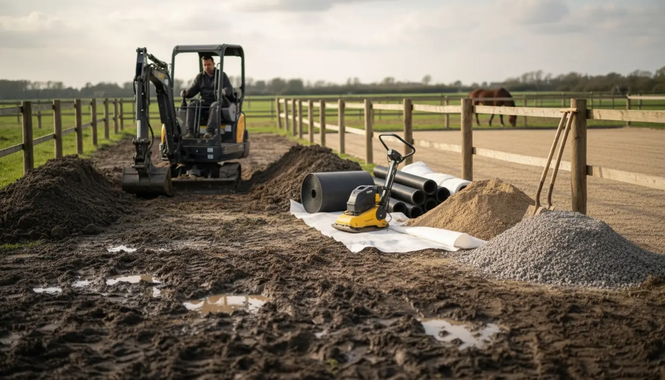 Hestefold under renovering med udgravet lerjord, drænmåtter og ny plantet sand/knust beton.