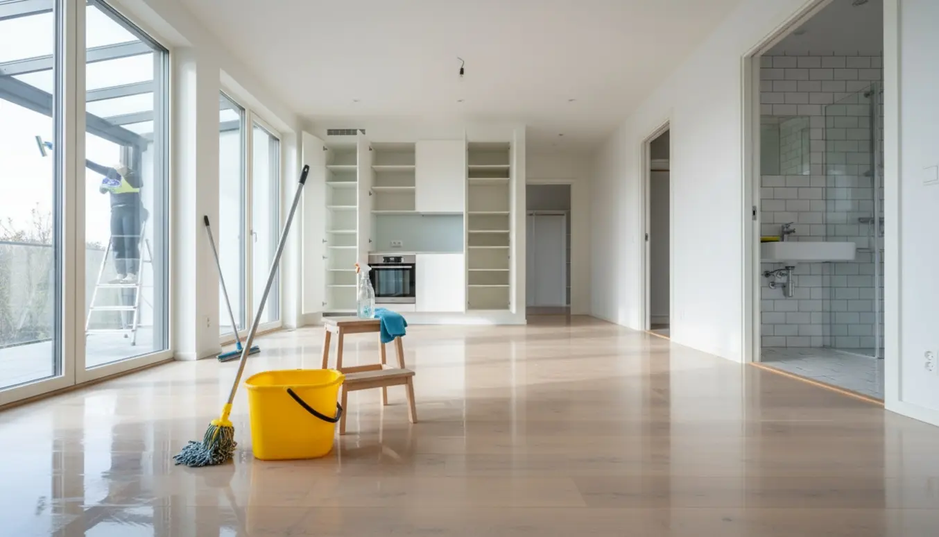 Tomt hjem under indflytningsrengøring med moppe, spand, åbne rene skabe og skinnende badeværelse.