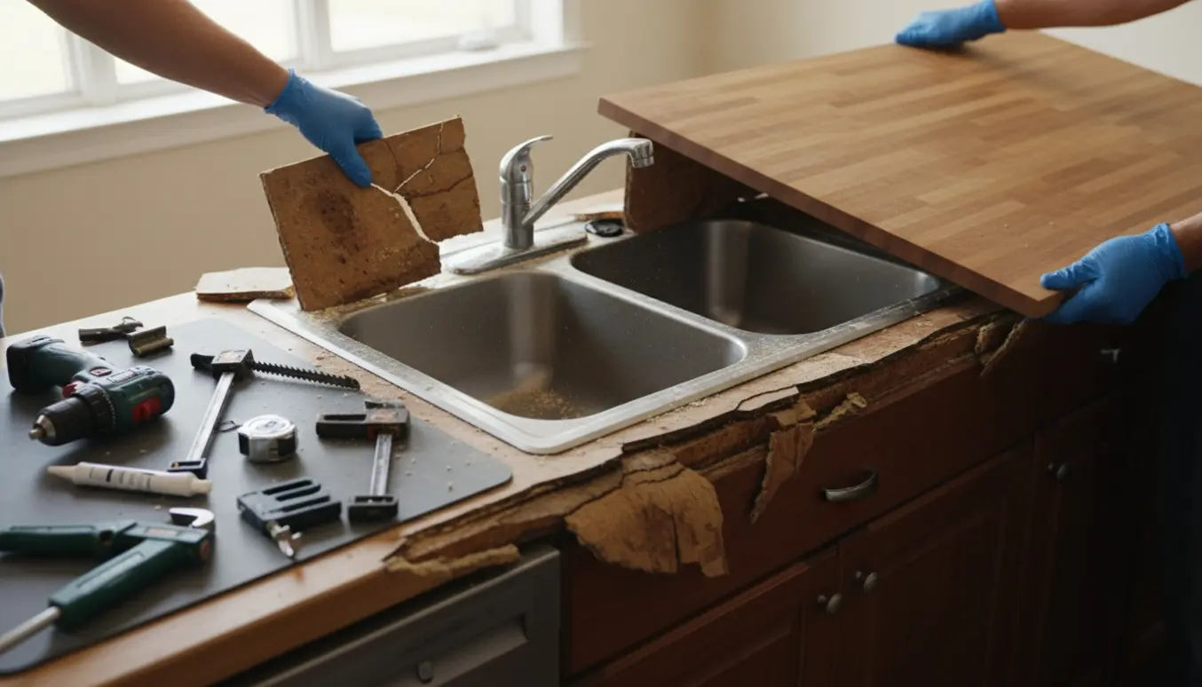 Arbejdshænder fjerner en revnet, vandskadet køkkenbordplade omkring en håndvask med nyt bord og værktøj ved siden af.