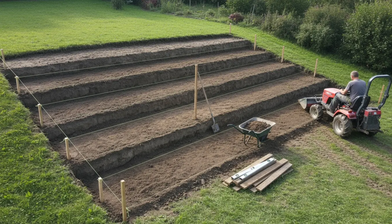 Skrånende have med en lille havetraktor og fem vandrette jordterrasser på cirka 1,5 meter hver.