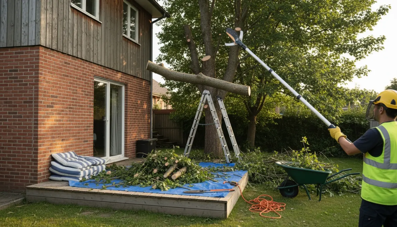En person beskærer en stor gren, der rækker ind over en træterrasse ved husets hjørne.
