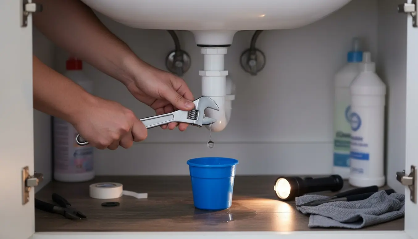 Hænder strammer en lækkende rørforbindelse under vasken, mens vand drypper i en spand.