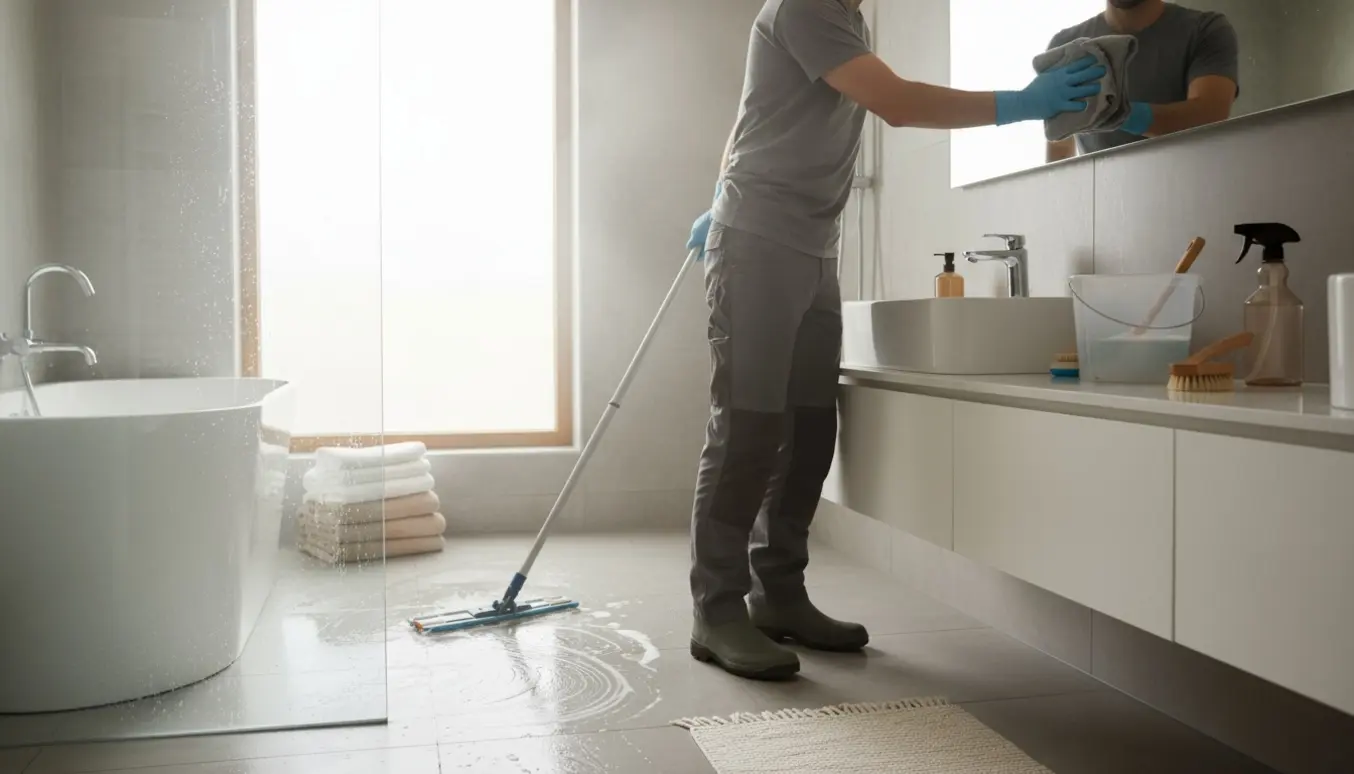 Hovedrengøring i et lyst badeværelse med aftørring af spejl og gulvvask.