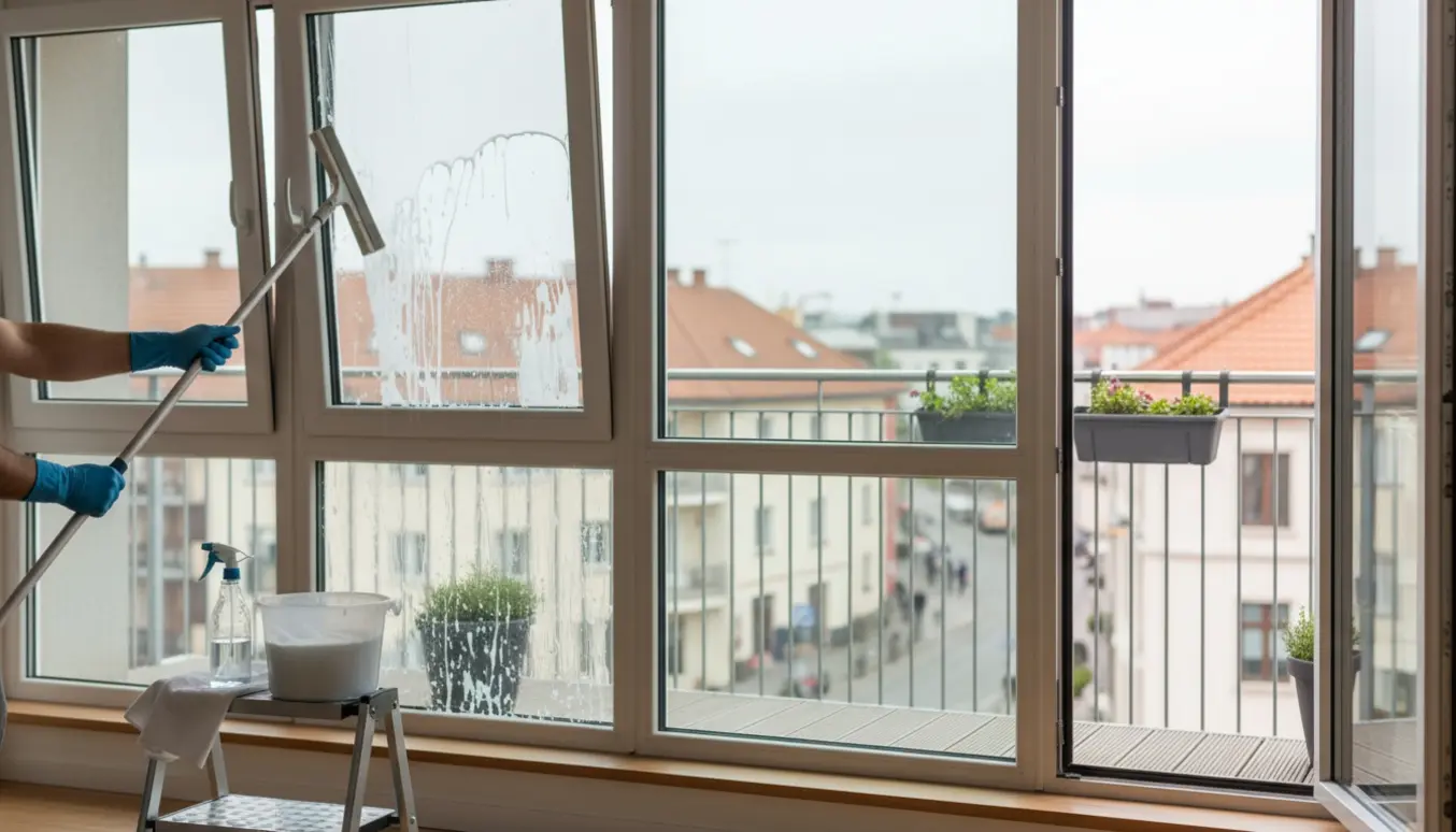 Hænder pudser tre vinduer i en lejlighed på 5. etage med gummiskraber, spand og balkon i baggrunden.