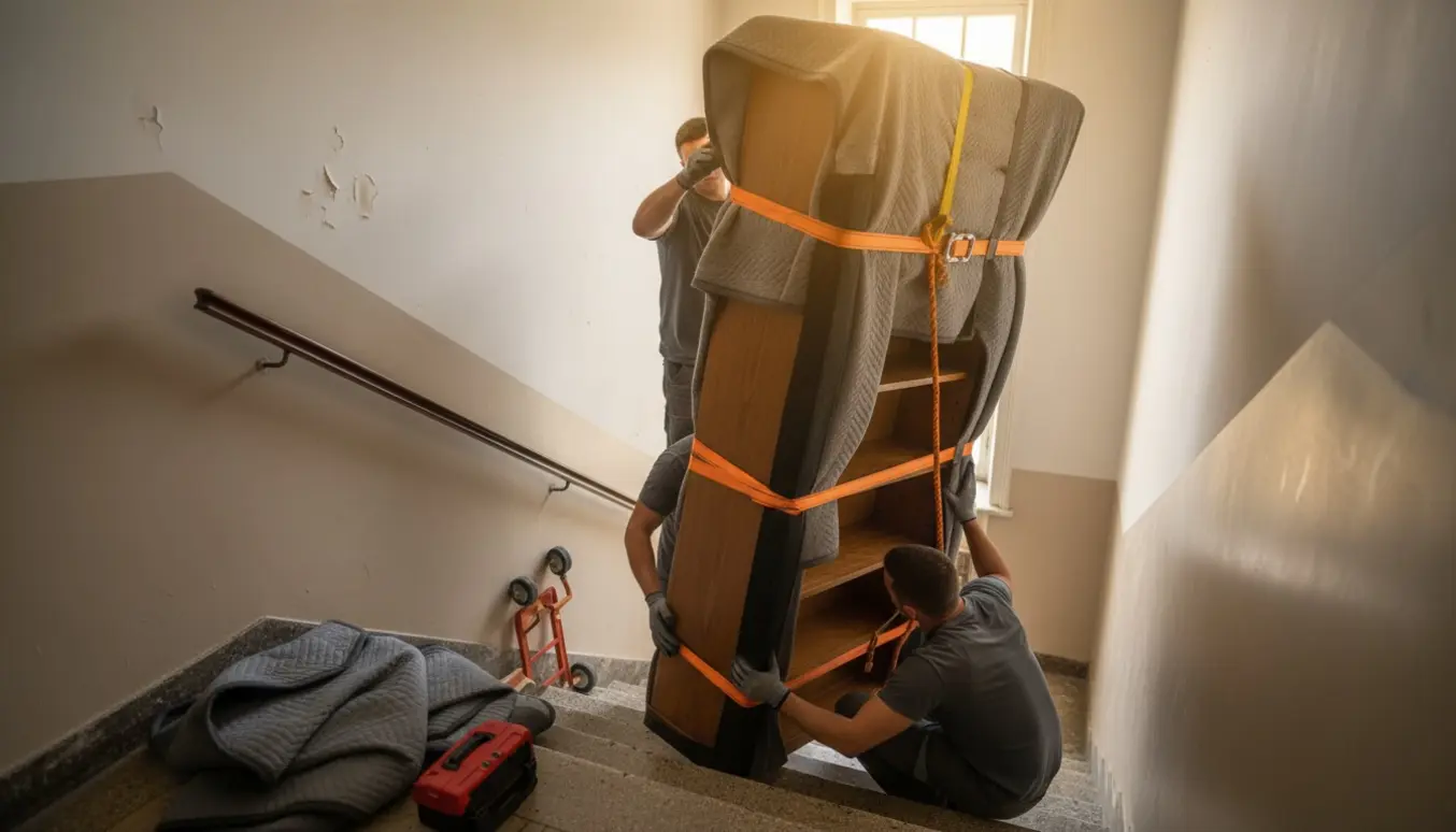 Stor træbogreol dækket af flyttepuder bæres op ad en smal trappe af beskårne flyttefolk.