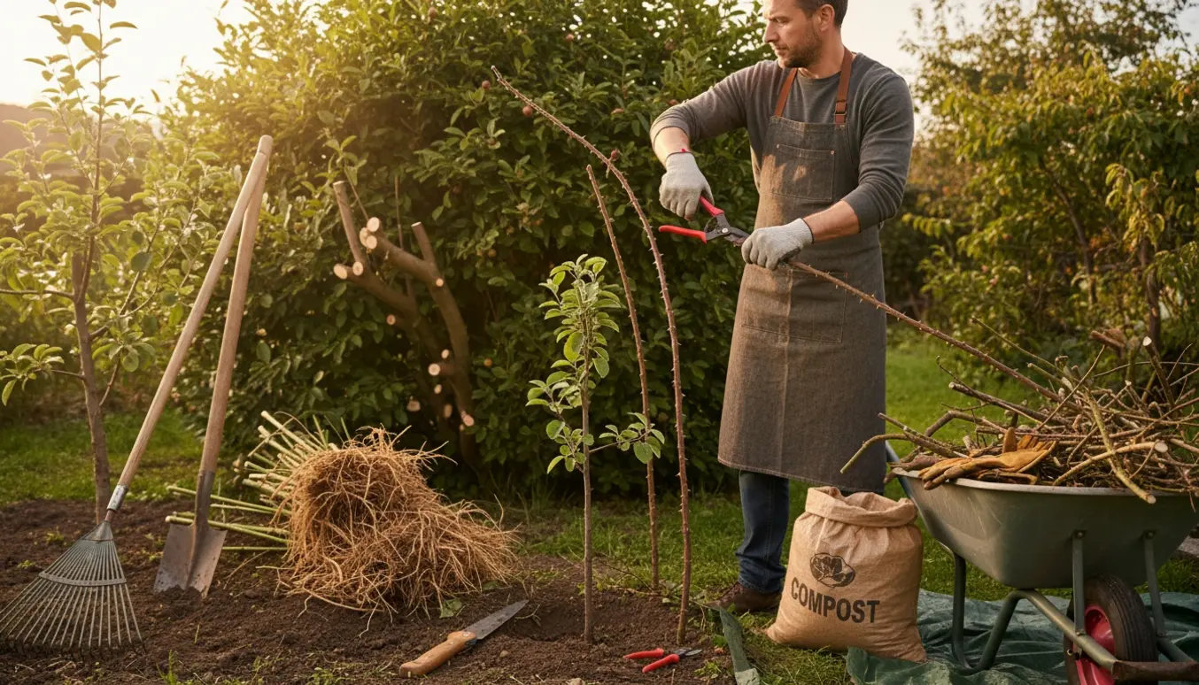 Hænder beskærer brombær, et lille fældet æbletræ og fjernet bambus i en solrig baghave.