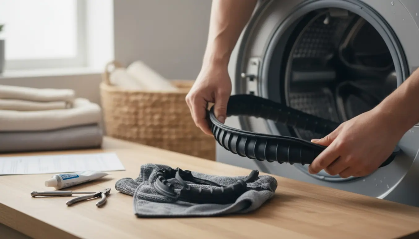 Nærbillede af en person, der monterer en ny gummiring på en frontbetjent vaskemaskine i et lyst vaskerum.