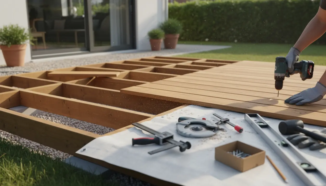Delvist færdigbygget træterrasse i en lille have med hænder, der skruer en terrassebrædde fast og værktøj ved siden af.