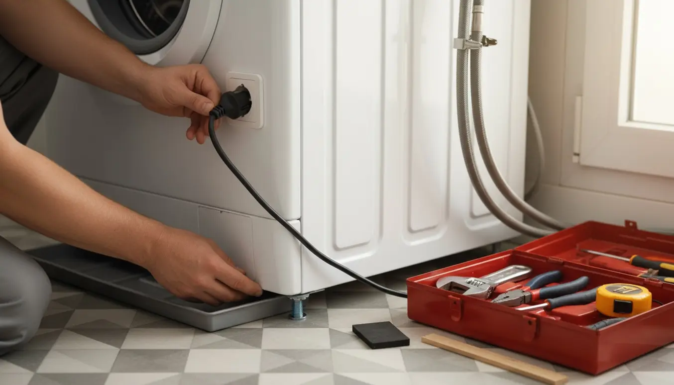 Hænder forbinder strømstik og placerer drypbakke og understøtning ved montering af en vaskemaskine i et lyst bryggers.