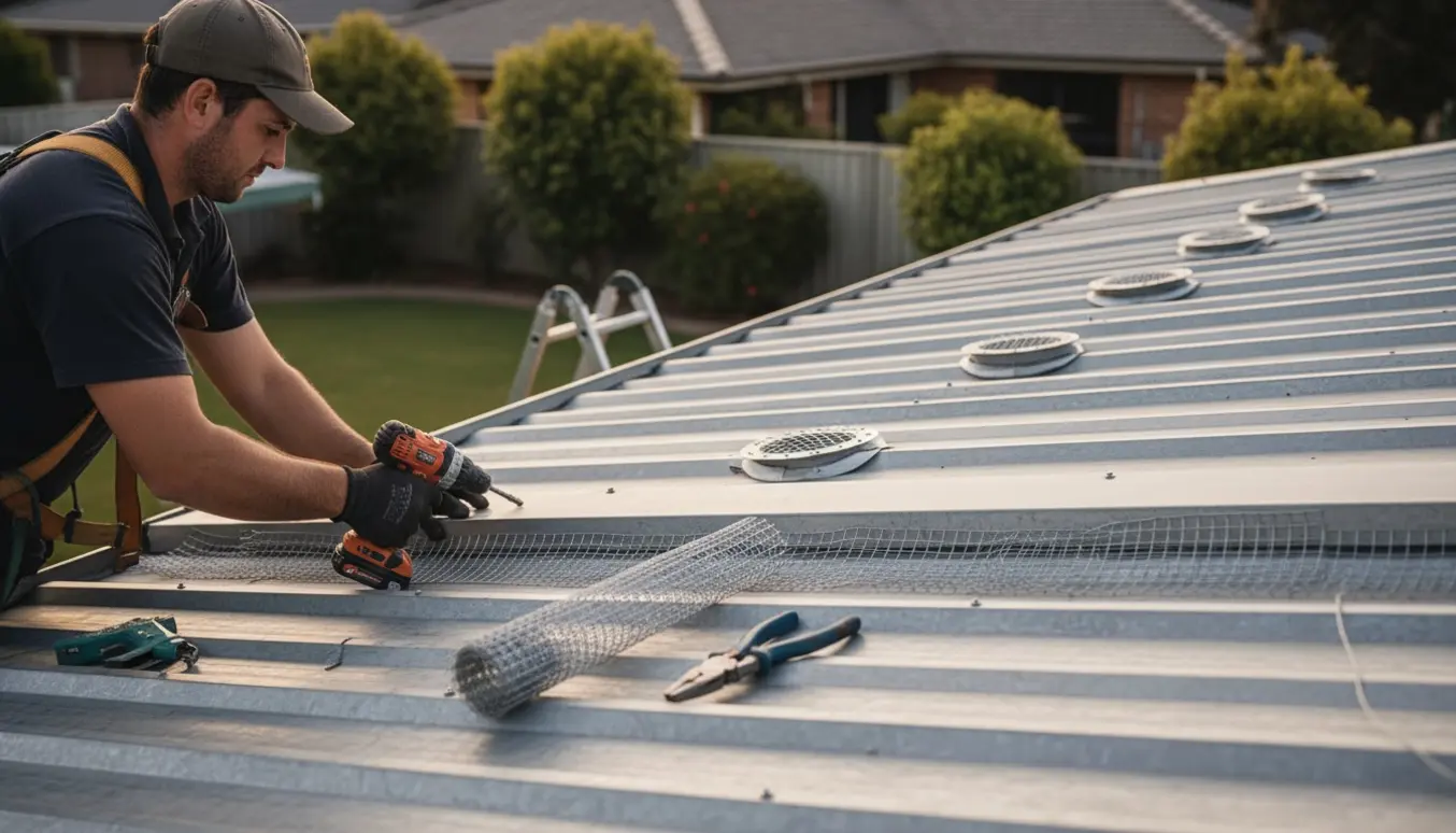 Tømrers hænder monterer gnaverstop-net langs kanten af et enkeltplans huss tag ved ventilationshætter.