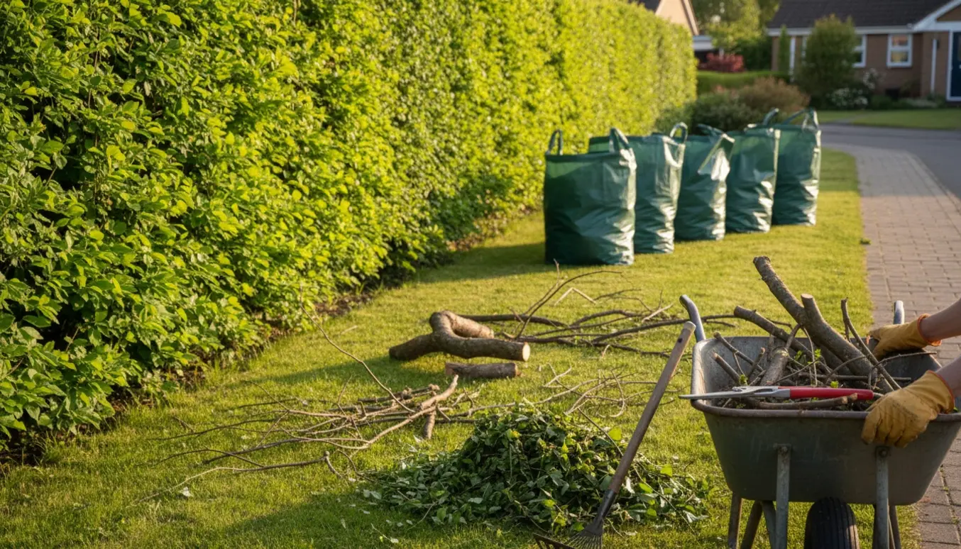 Friskklippet bøgehæk med blandede afklippede grene og fem fyldte haveaffaldssække klar ved vejkanten.