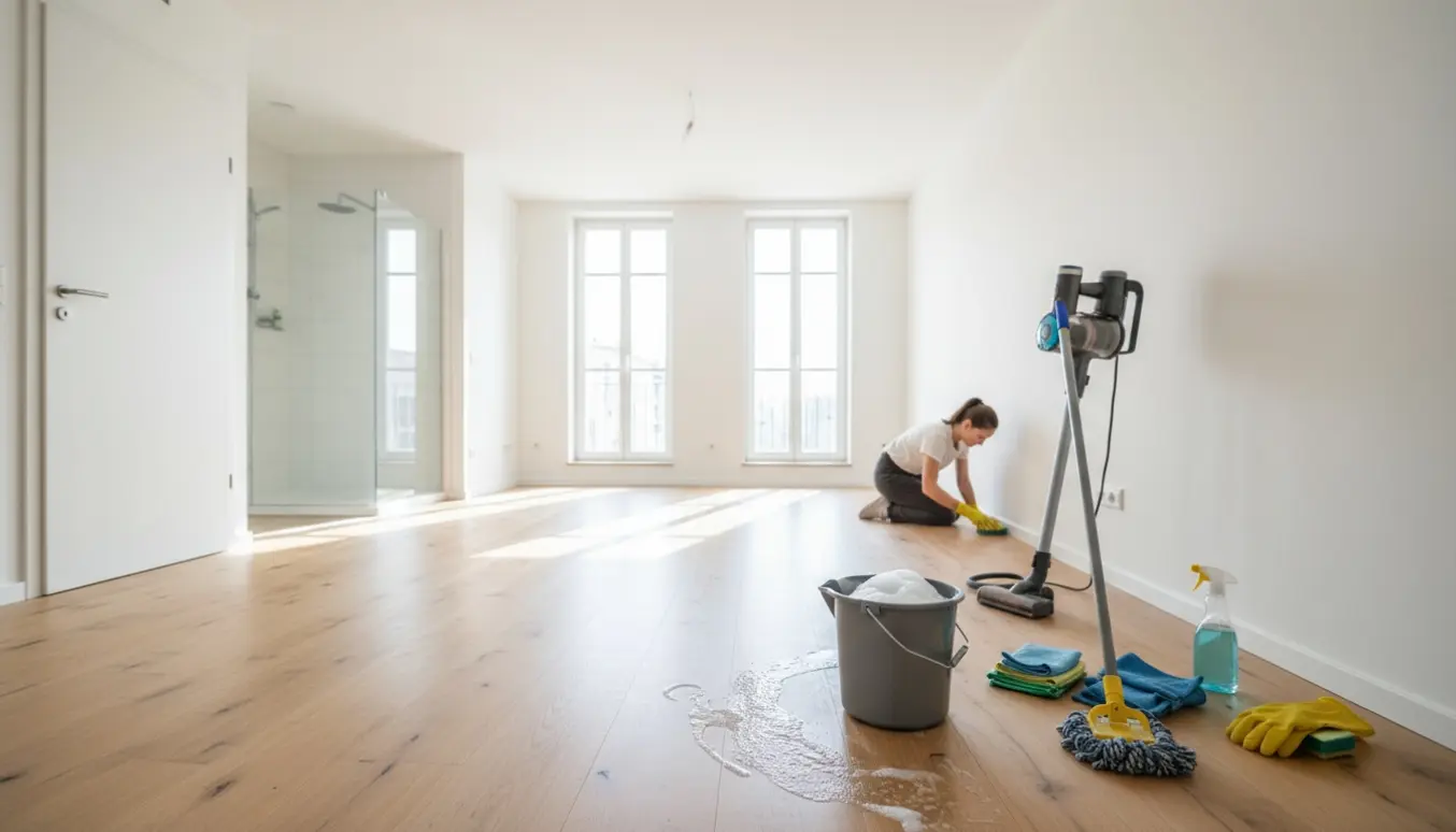 Tom lejlighed med rengøringsudstyr og hænder i handsker, der skrubber baseboards ved flytterengøring.