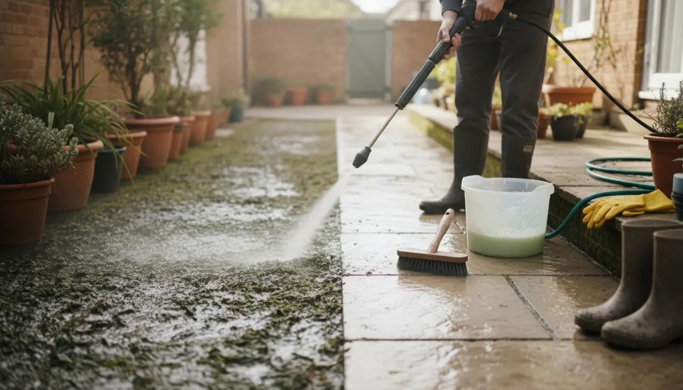 Højtryksspuling fjerner grønne alger fra en lille terrasse og gangbro med synligt før-og-efter-resultat.