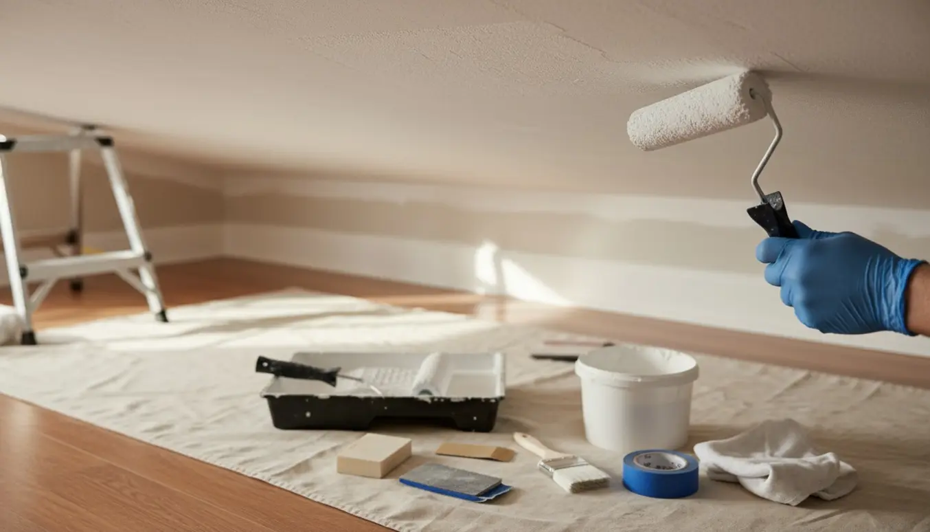 Nærbillede af hænder, værktøj og en malerulle, der retter og maler et enkelt loft hvidt med lavglans.