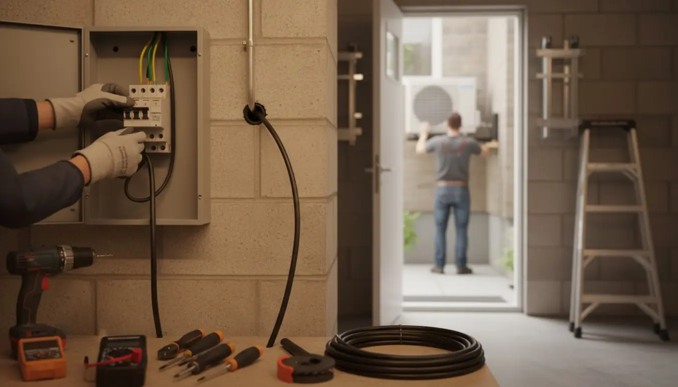 En elektriker trækker en jordet udendørsledning gennem ydervæg, mens varmepumpens udedel justeres udenfor.