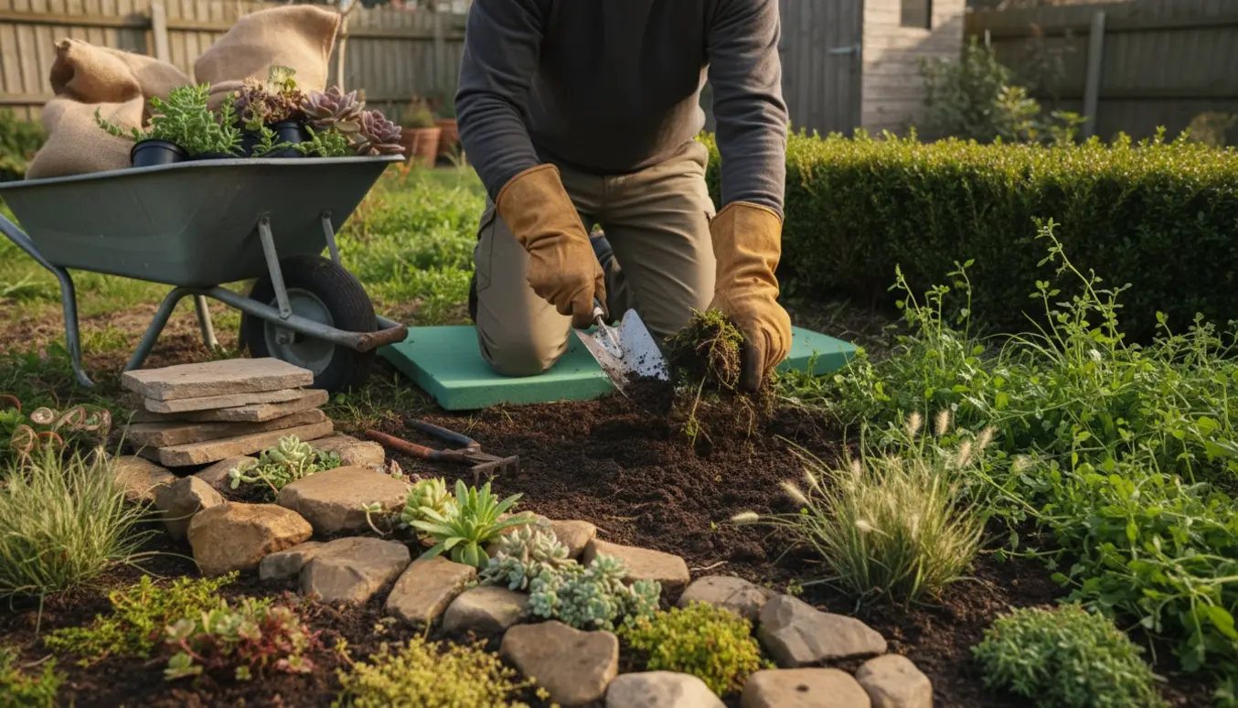 Hænder fjerner ukrudt og anlægger et nyt stenbed i en forsømt have.