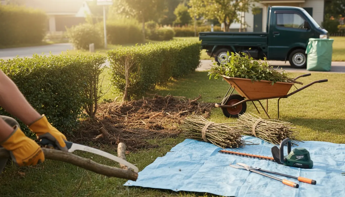 Delvist fjernet hæk med afskårne grene i trillebør og bundter klar til bortskaffelse.