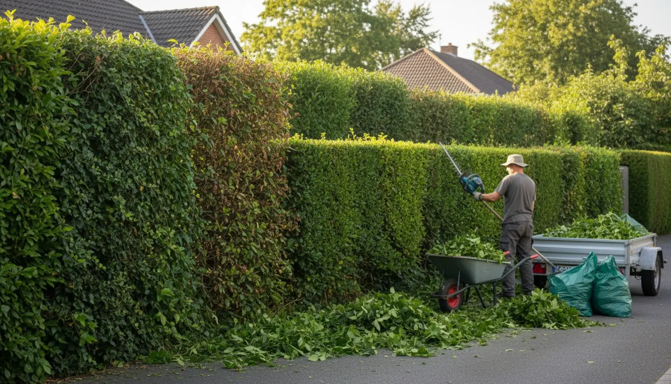 Nærbillede af nyskåret hæk med afklip samlet i en trillebør klar til bortkørsel.