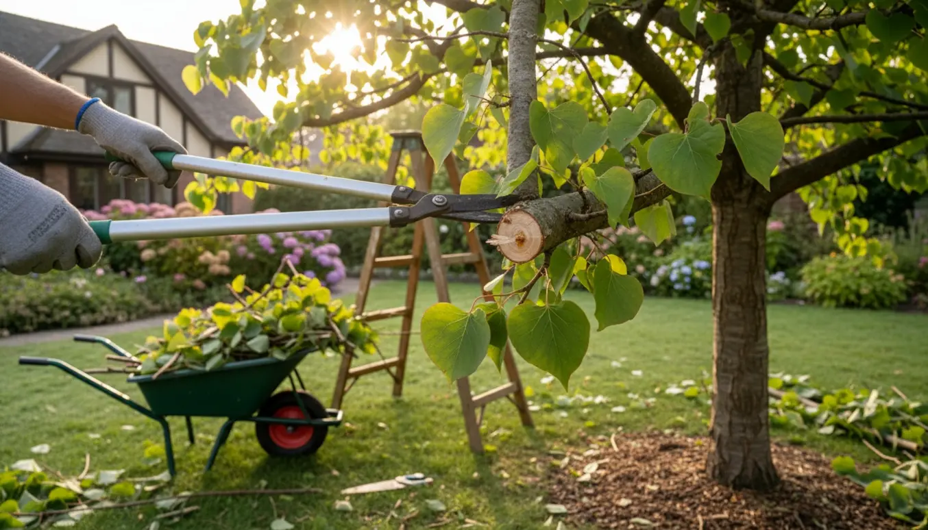 Beskæring af et hjertetræ i en solbeskinnet have med værktøj og afskårne grene.