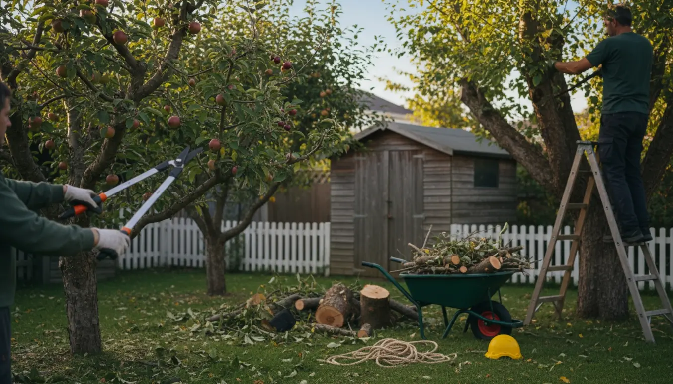 Havehjælp i baghaven med beskæring af frugttræer og fjernelse af et stort hyldetræ, hænder med beskærersaks og stige synlige.
