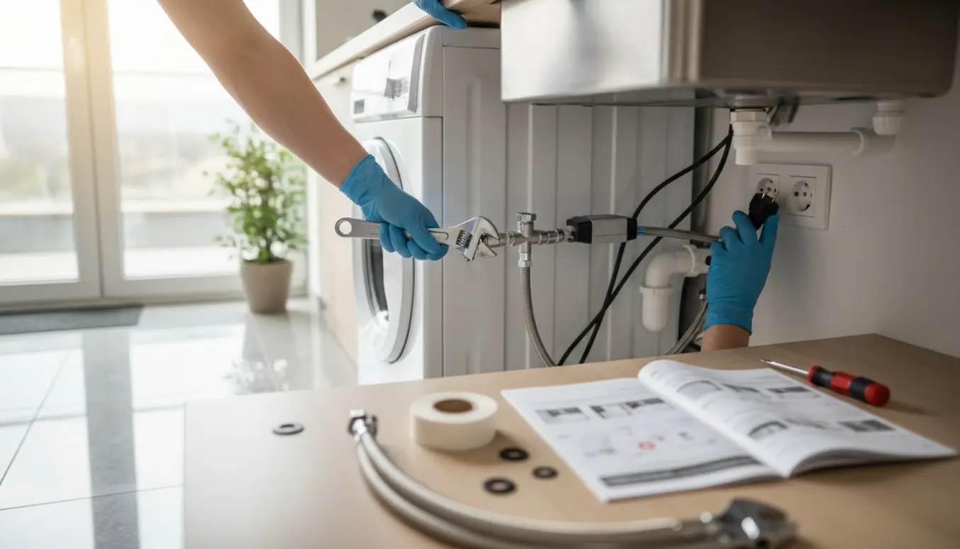 Hænder tilslutter vand- og strømkabler til en ny vaskemaskine i køkkenet med værktøj og vandstop.