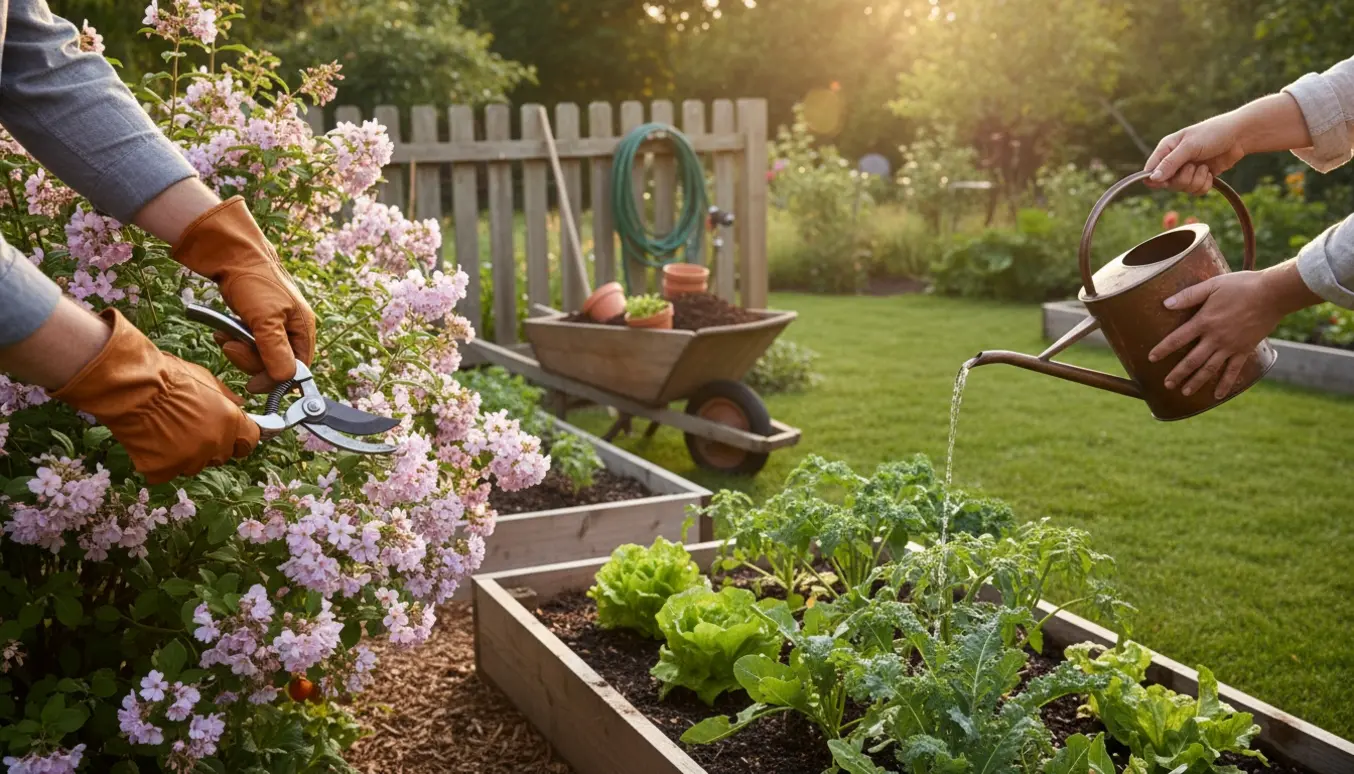 Hænder i handsker beskærer en busk og vander et højbed i en velplejet have i varmt sollys.