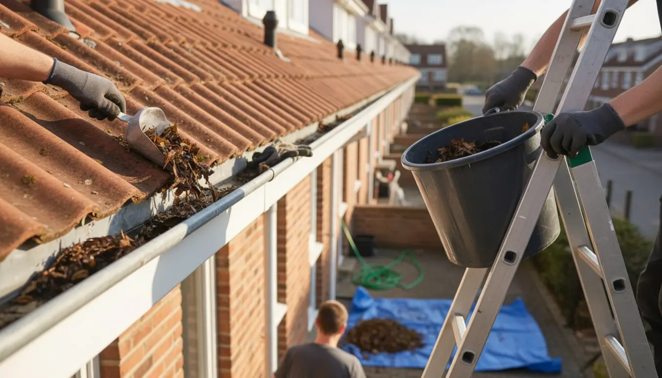 En person renser tagrenderne på en lang række rækkehuse med handsker og en skovl.