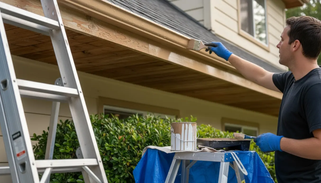 Nærbillede af en maler set bagfra, der maler træværket under husets tag med pensel, stige og delvist nymalet træ.