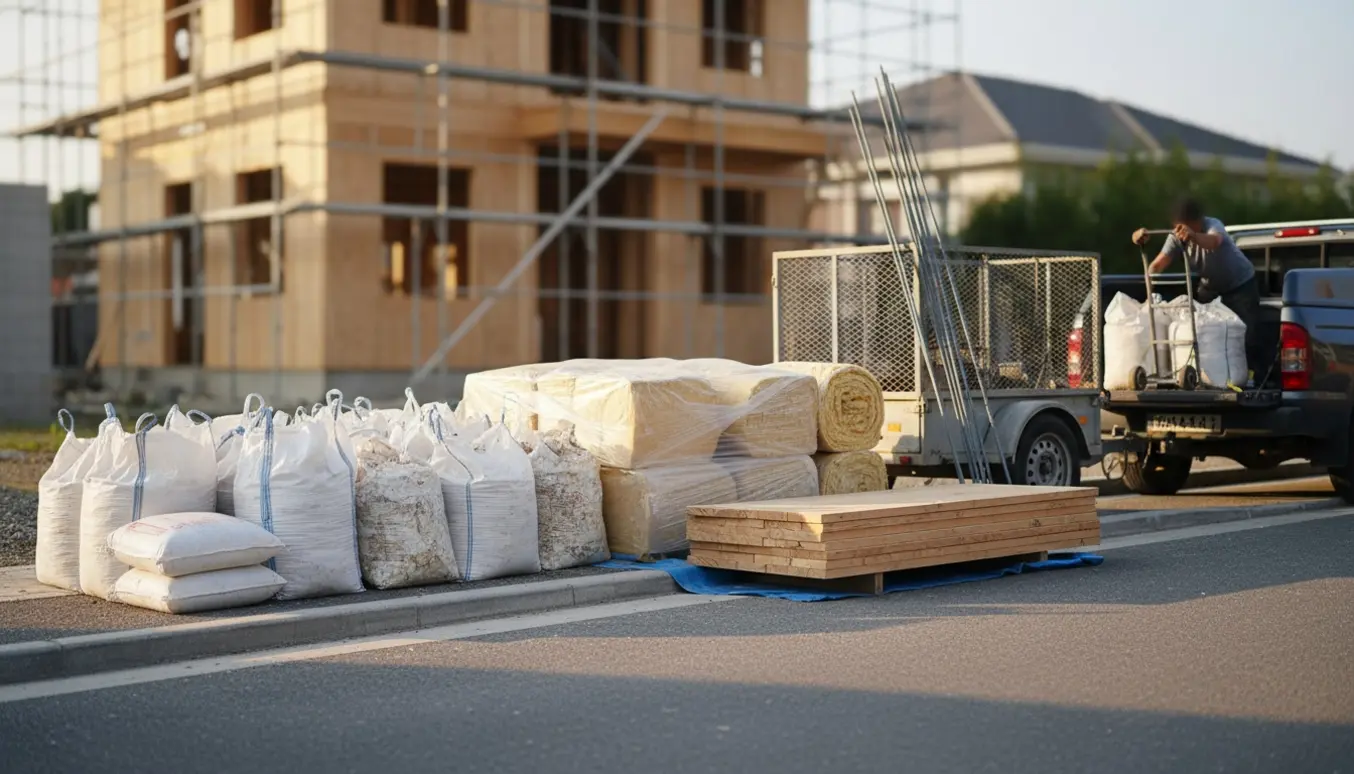Byggeaffald ved fortovet: stabler af gips- og pudsposer, isolering, træforskalling og stål på en trailer klar til afhentning.