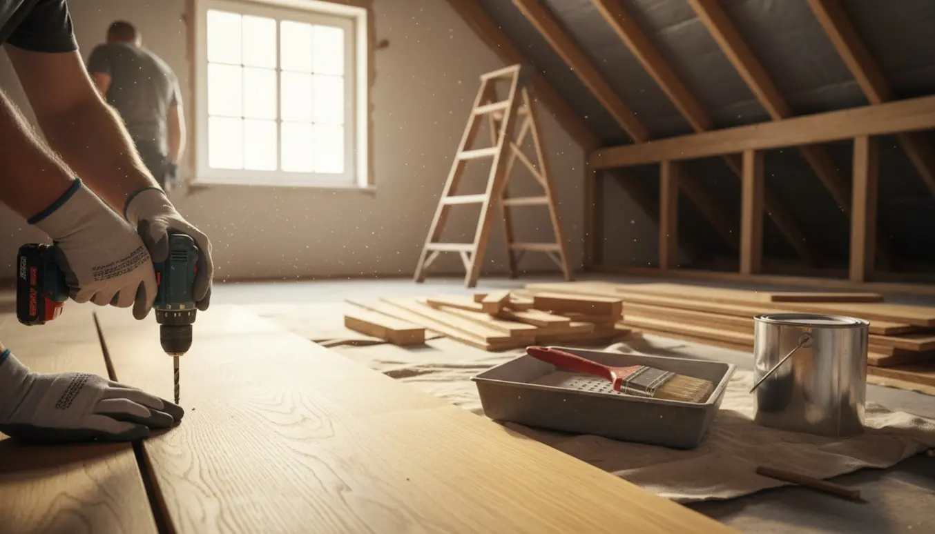 Hænder monterer nye gulvbrædder i et loftrum ved et udskiftet vindue med værktøj og malingsudstyr.