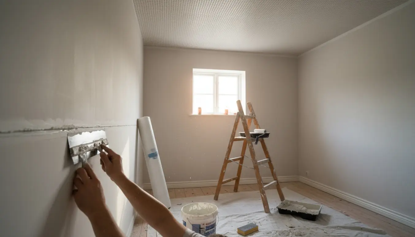 Hænder spartler en væg i et rum med glasfilt, stige og malerudstyr klar til maling.