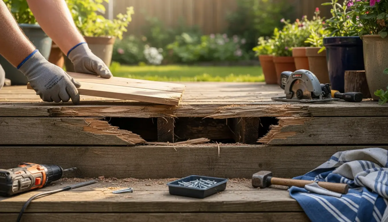 Reparation af trætrappe til terrasse med nyt bræt og værktøj i nærbillede.