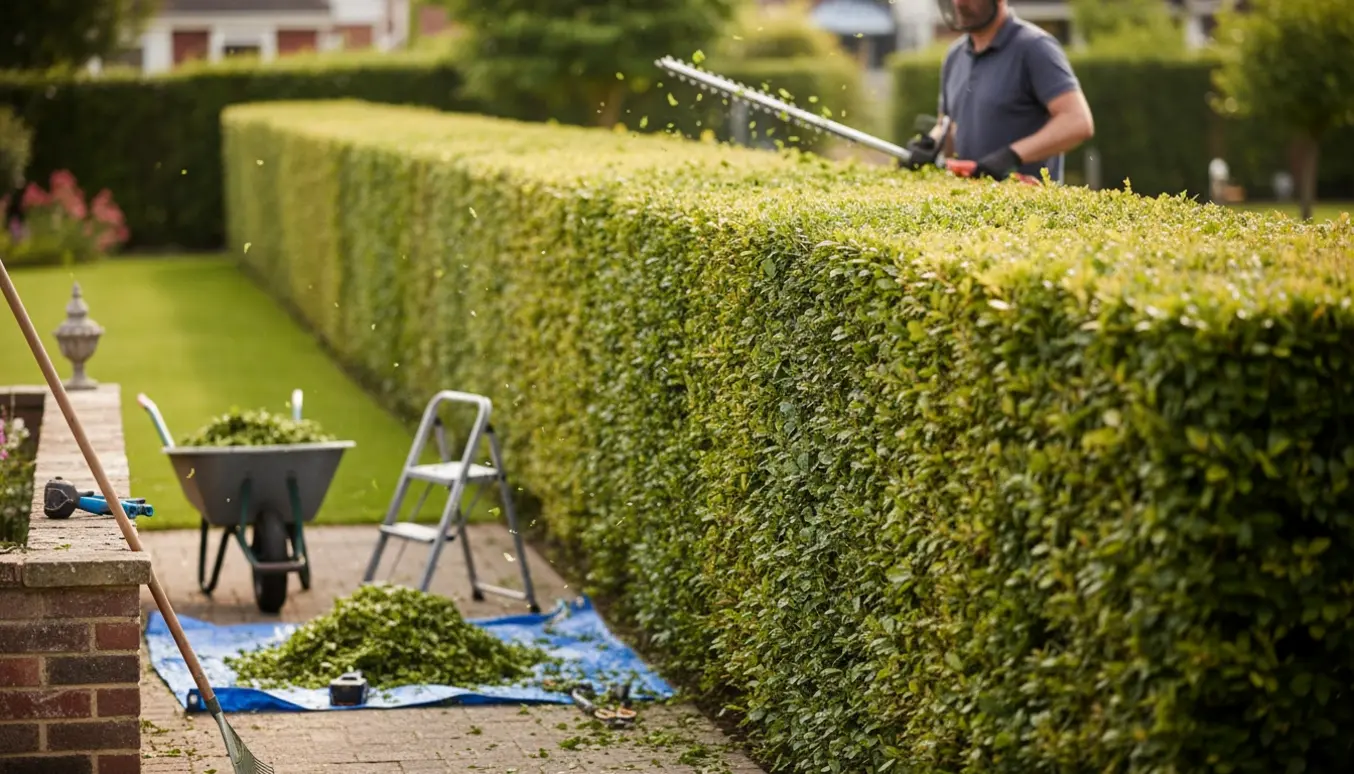 Lang bøgehæk klippes udefra med en langhåndtaget hækkeklipper, kviste samlet på en presenning.
