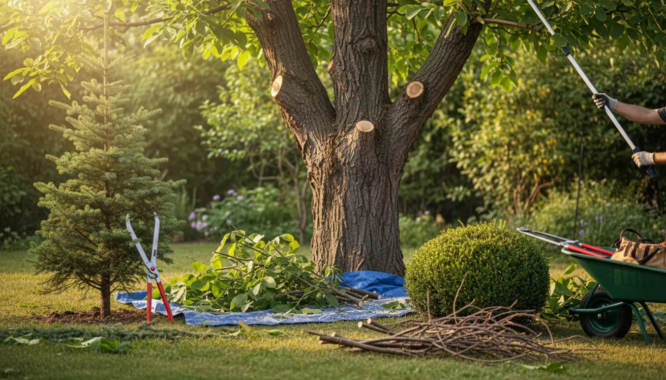 Beskæring af et stort valnøddetræ, et lille grantræ og en busk i en have med værktøj og afklippede grene på jorden.