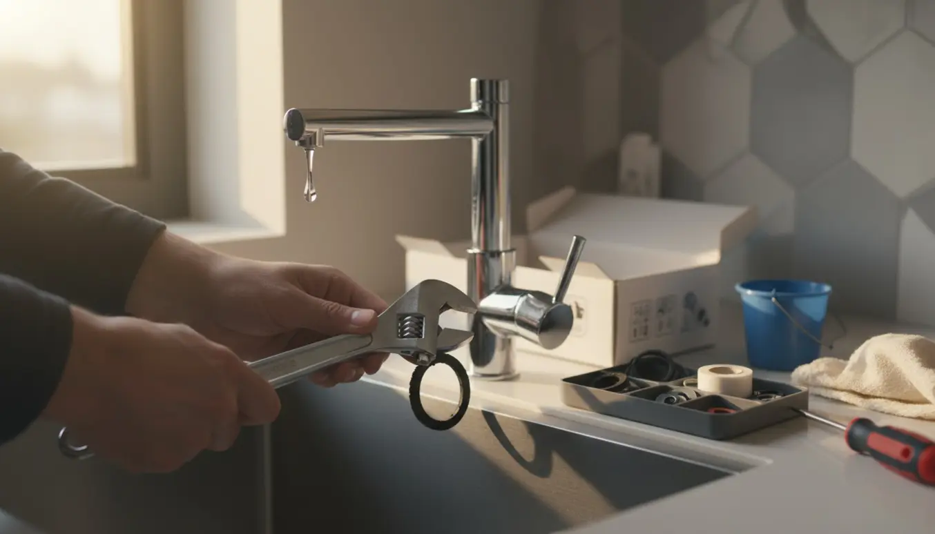 Nærbillede af køkkenvask med dryppende vandhane og værktøj til at skifte pakning.