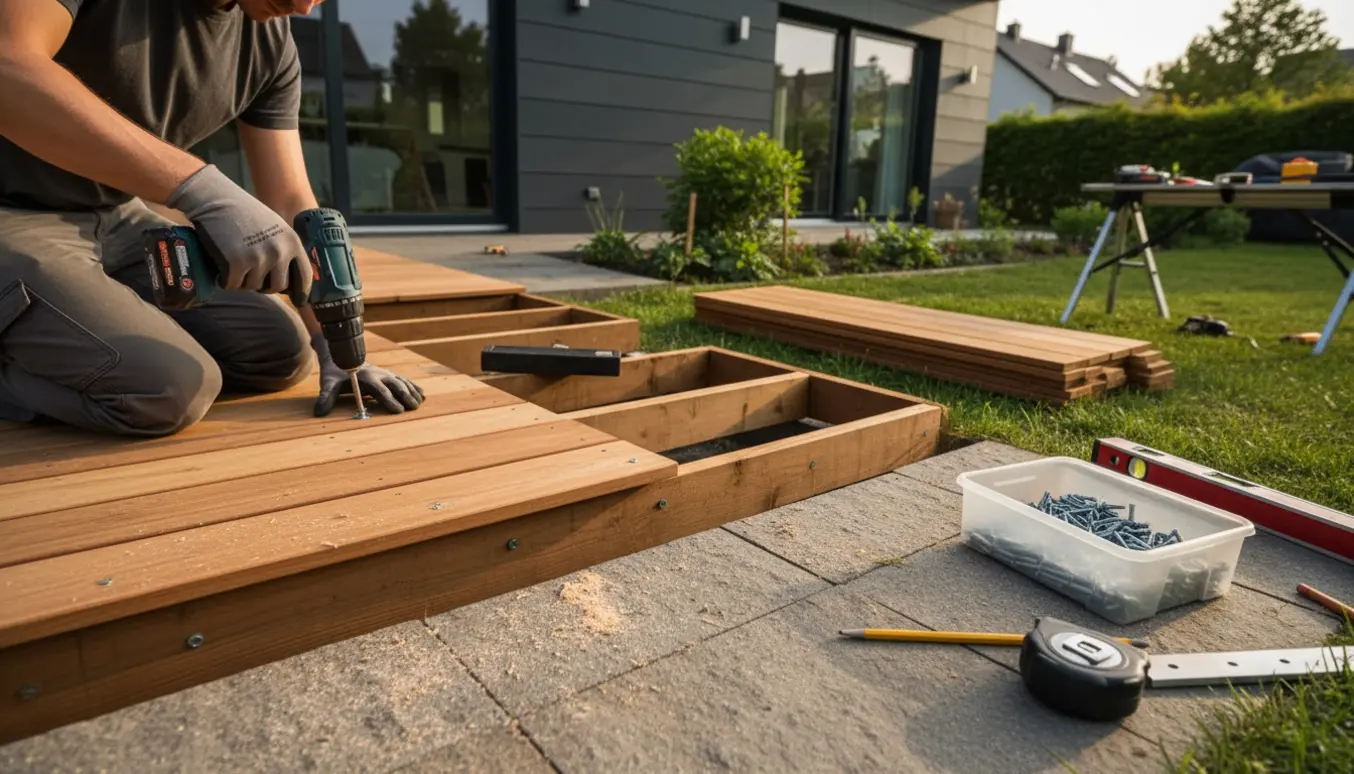 En anonym person monterer nyt trægulv på en terrasse ved huset i varmt aftenslys.