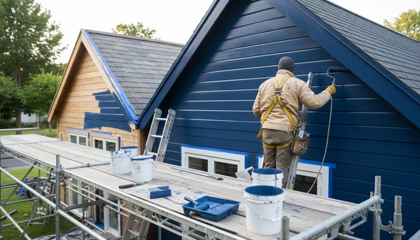 To husgavle under maling set i trekvarts vinkel med maler på stige og malerbøtter i forgrunden.