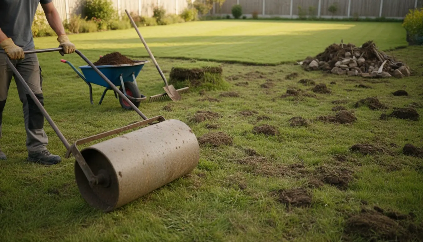 En person ruller og jævner en uens græsplæne med havevalse, rive og skovl, med muldvarpeskud og et udjævnet område i baggrunden.