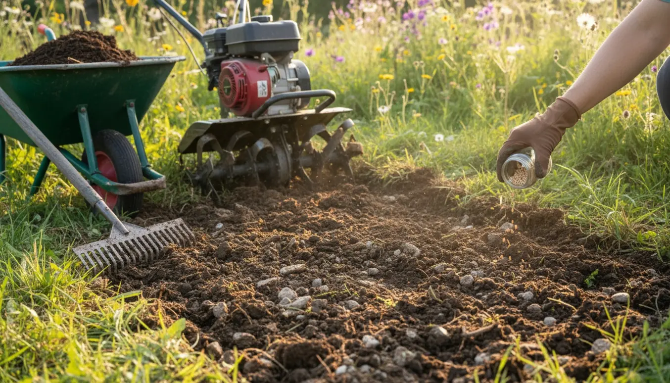 Fræset jordfelt med synlige sten og en handske, der spreder blomsterfrø i en vild havelap.