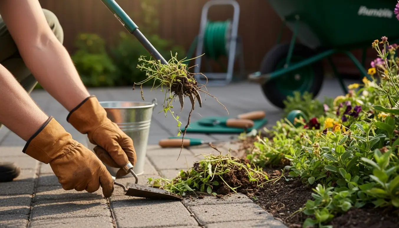 Hænder i havehandsker fjerner ukrudt mellem indkørselens fliser og i et blomsterbed i sollys.