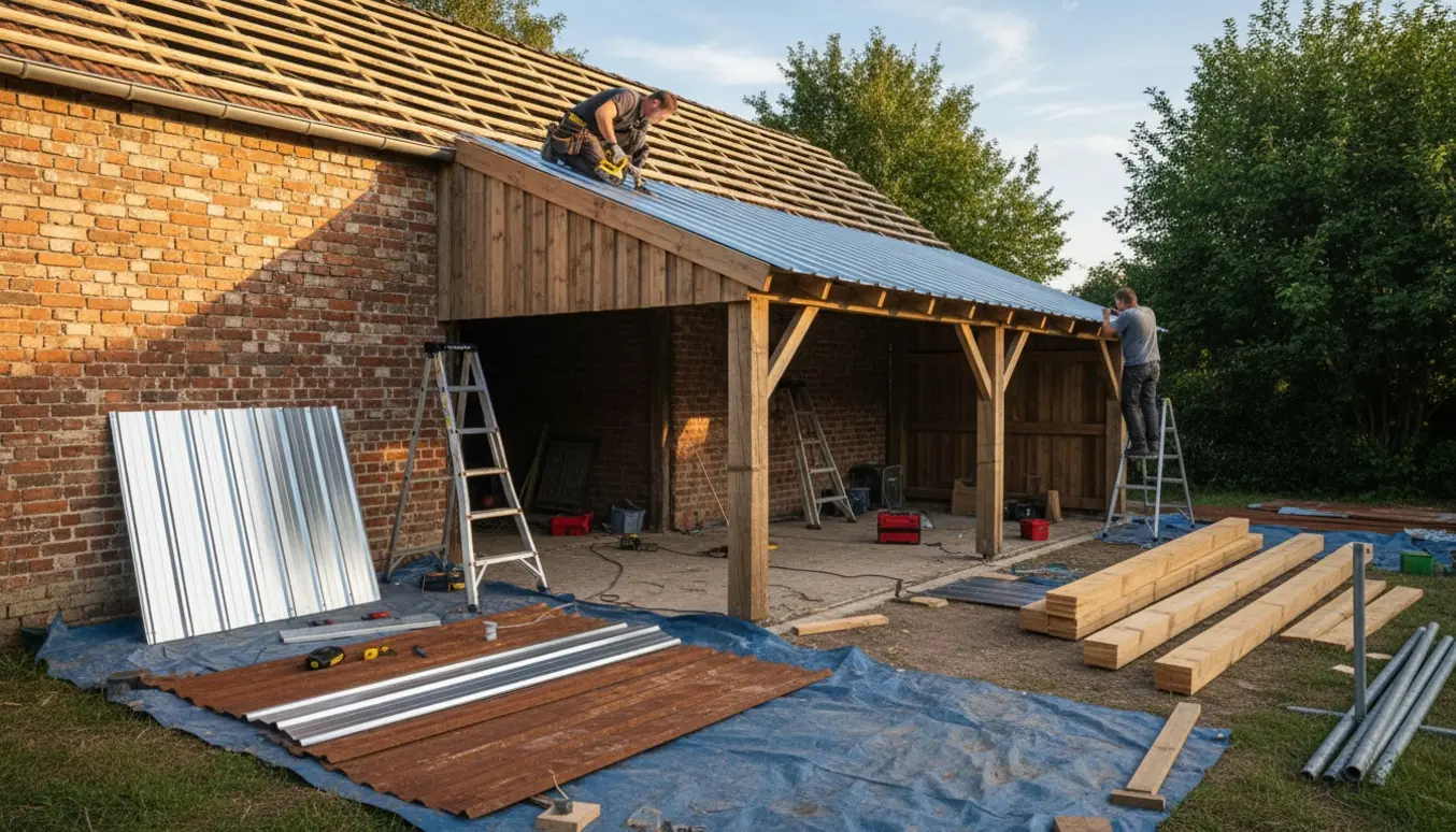 Udhus og carport med delvist udskiftet trapeztag, arbejdstøj og nye metalplader, hvor hænder skruefastgør en plade.